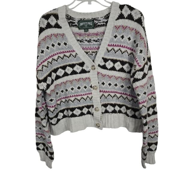 American Eagle Y2K Cottagecore Multicolor Argyle Cardigan Sweater Crop Knit SP - Picture 1 of 15